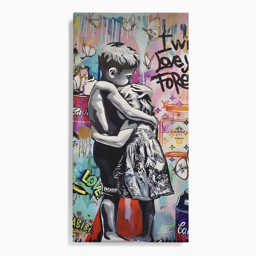 Tablou canvas cu tablou canvas cu doi copii imbratisati, fara rama, pe sasiu de lemn