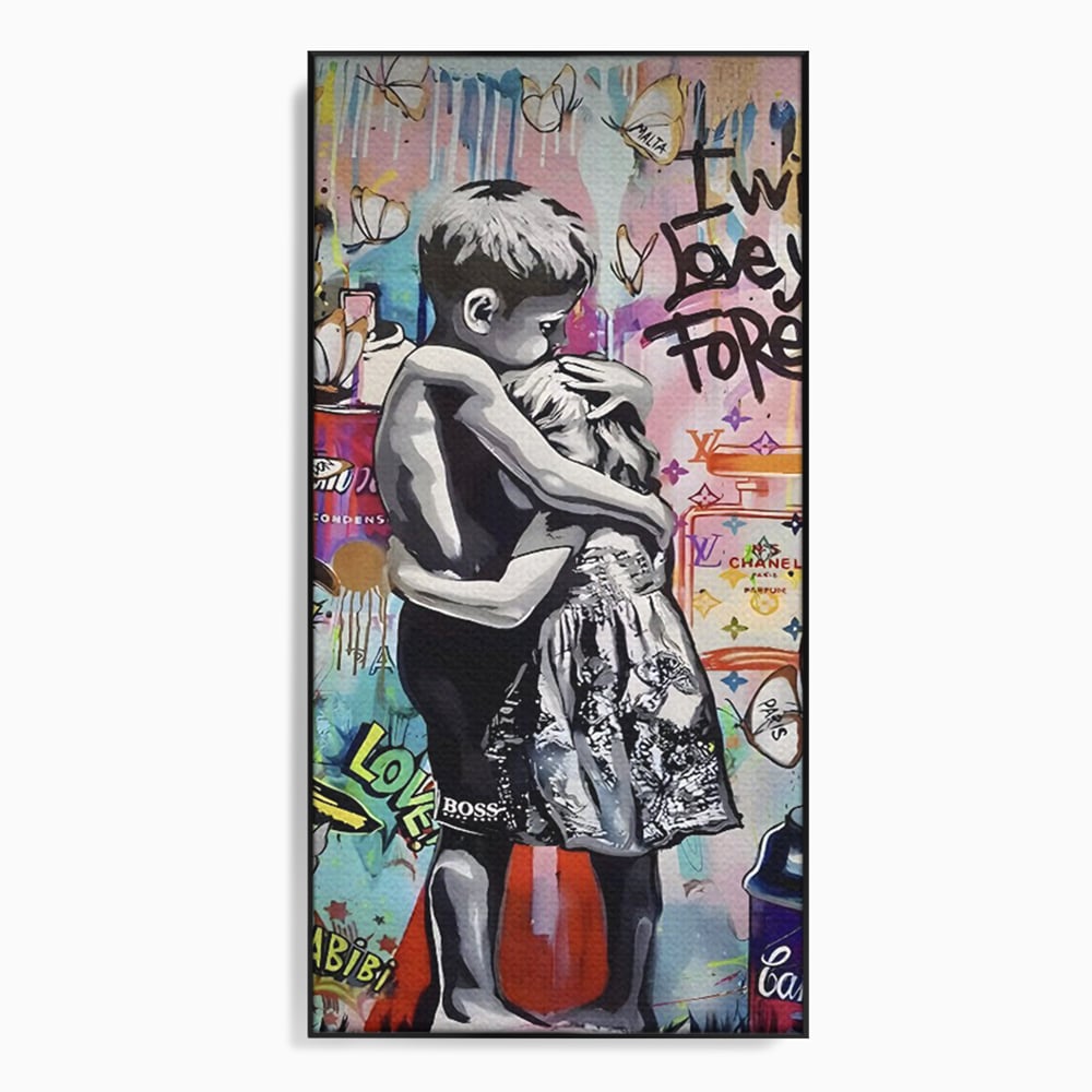 Tablou canvas cu tablou canvas cu doi copii imbratisati, in rama de aluminiu negru