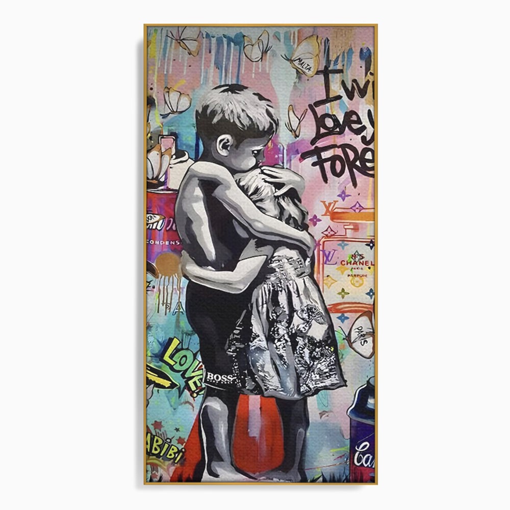 Tablou canvas cu tablou canvas cu doi copii imbratisati, in rama de aluminiu auriu