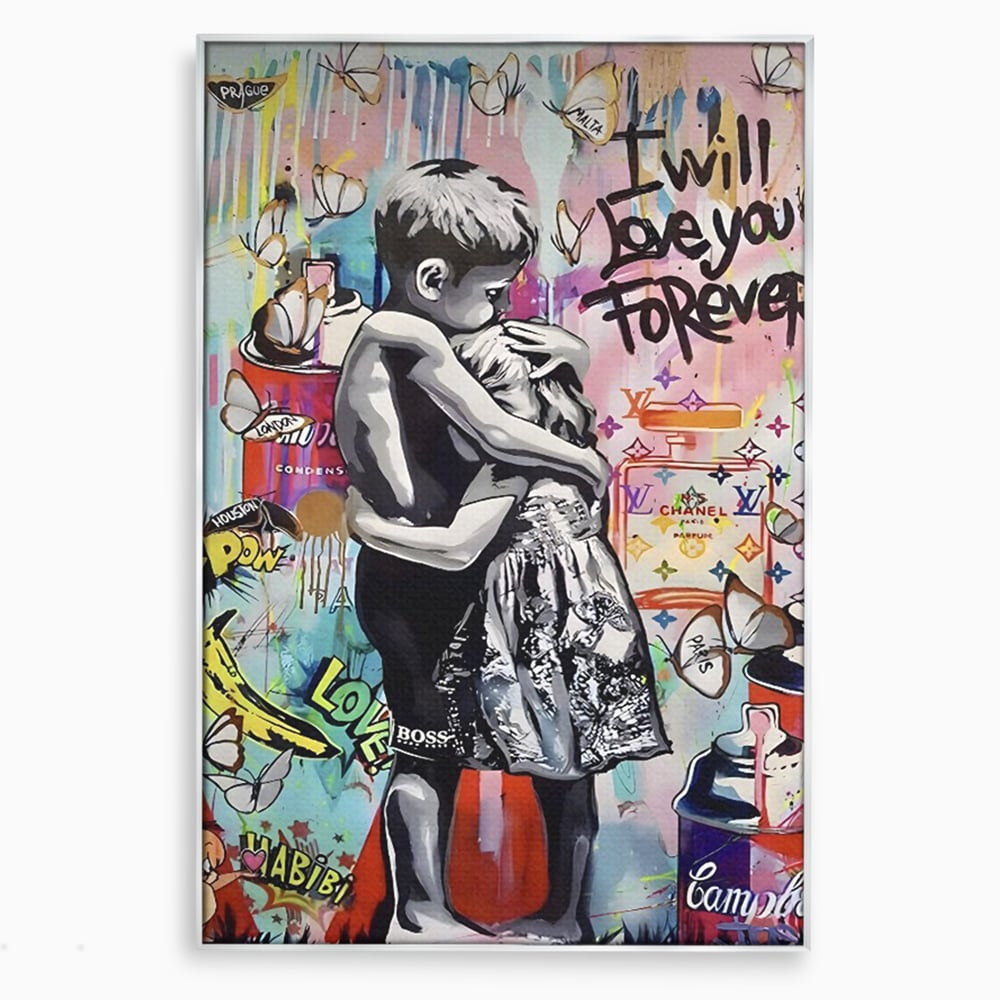 Tablou canvas cu tablou canvas cu doi copii imbratisati, in rama de aluminiu argintiu