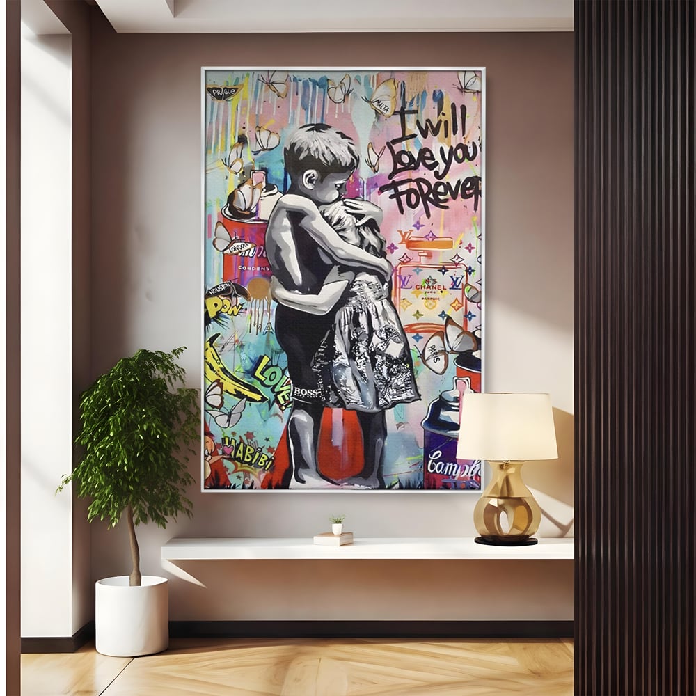 Tablou canvas cu tablou canvas cu doi copii imbratisati, in rama de aluminiu argintiu