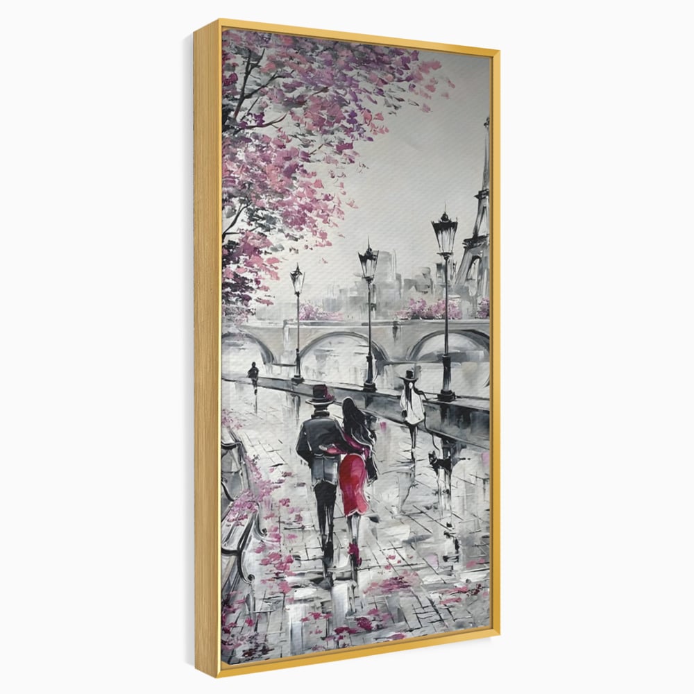 Tablou canvas cu pictura cu cuplu in paris, in rama de aluminiu auriu
