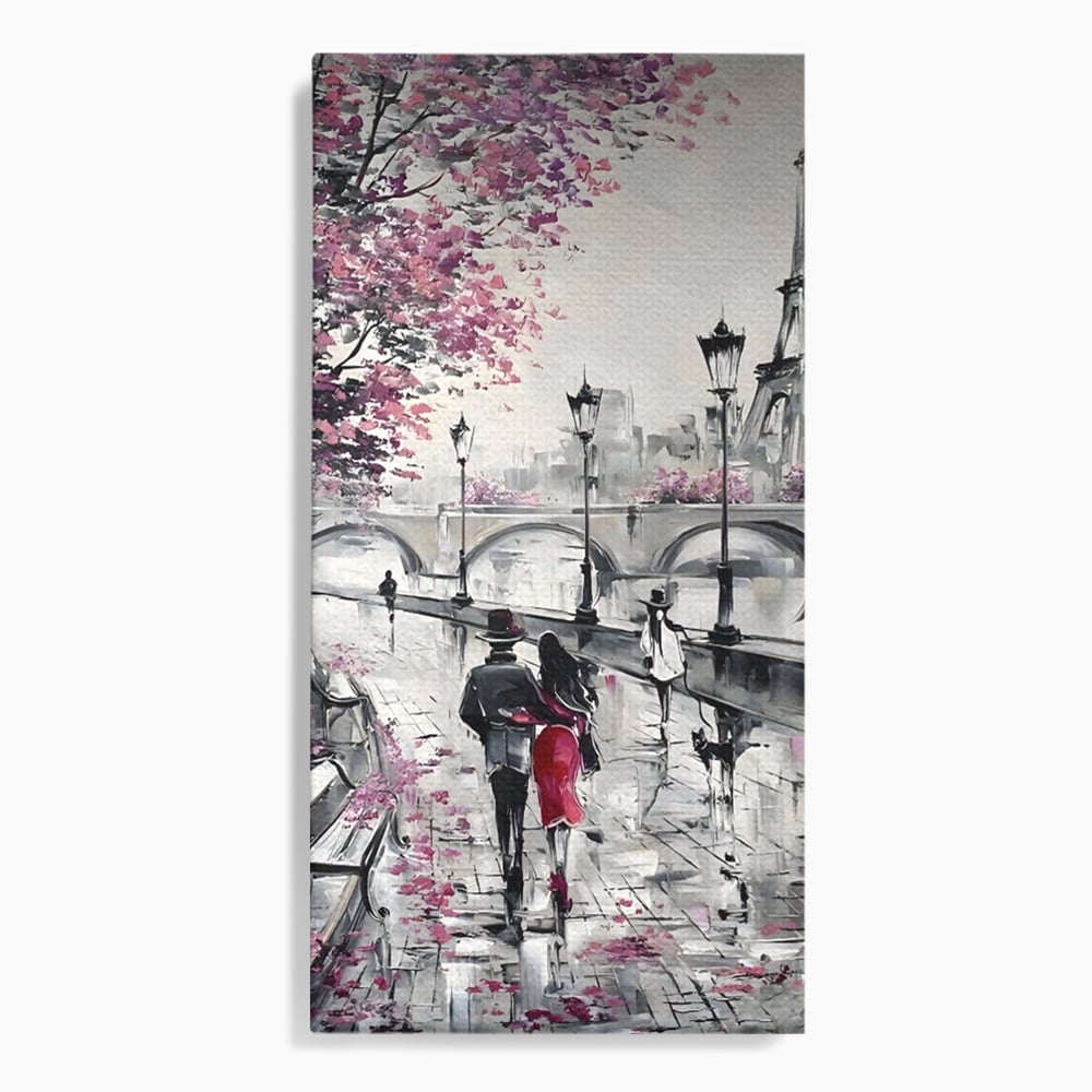 Tablou canvas cu pictura cu cuplu in paris, fara rama, pe sasiu de lemn