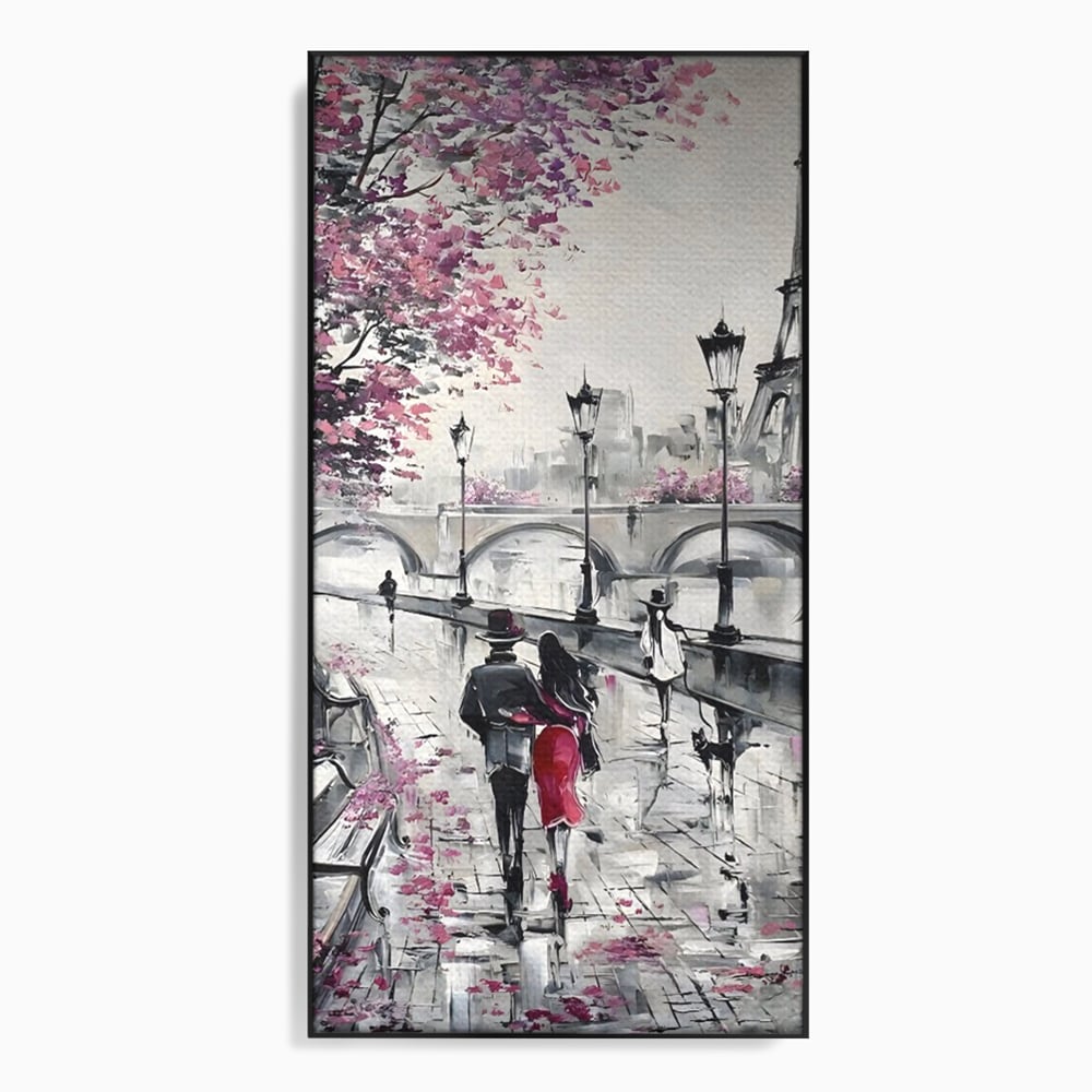 Tablou canvas cu pictura cu cuplu in paris, in rama de aluminiu negru