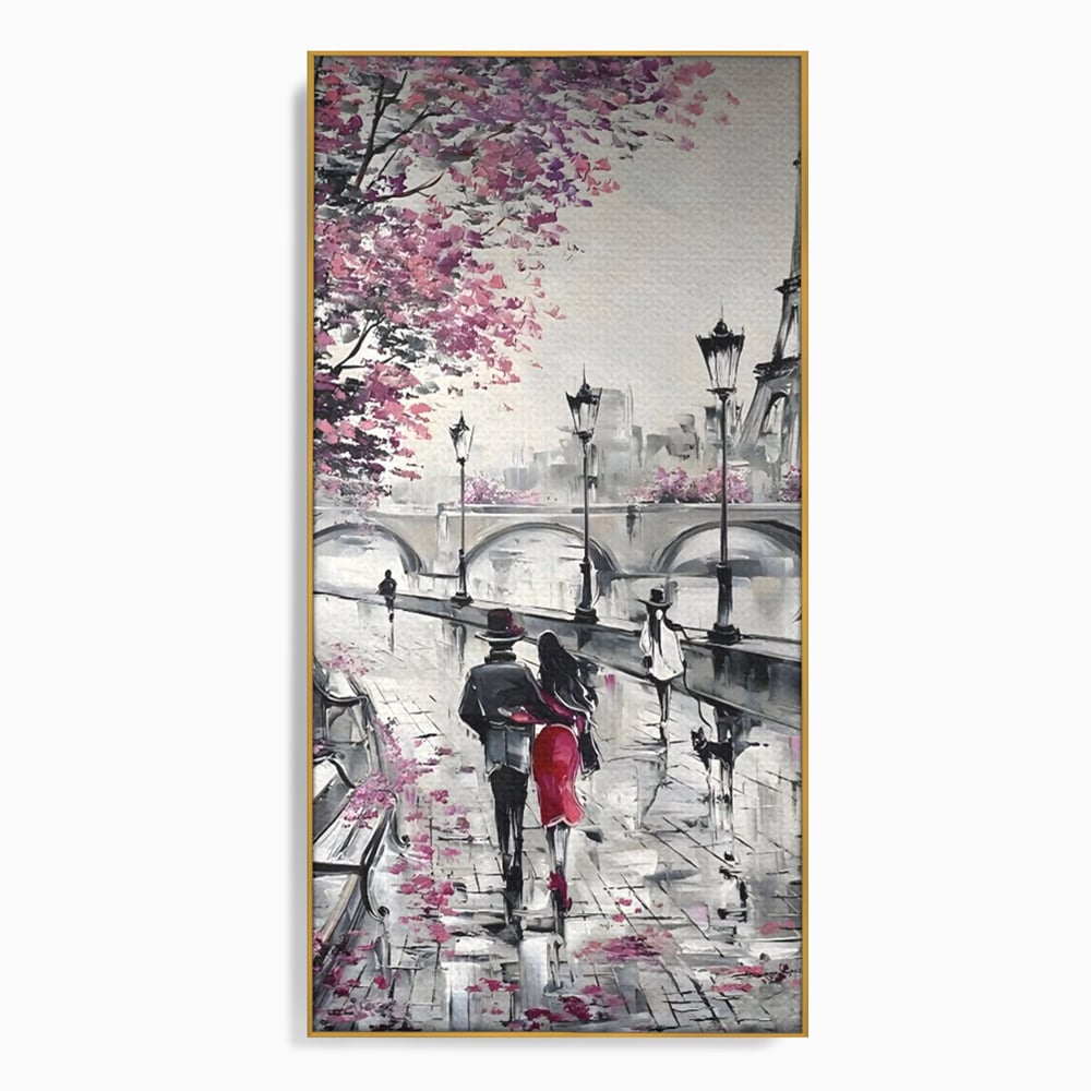 Tablou canvas cu pictura cu cuplu in paris, in rama de aluminiu auriu