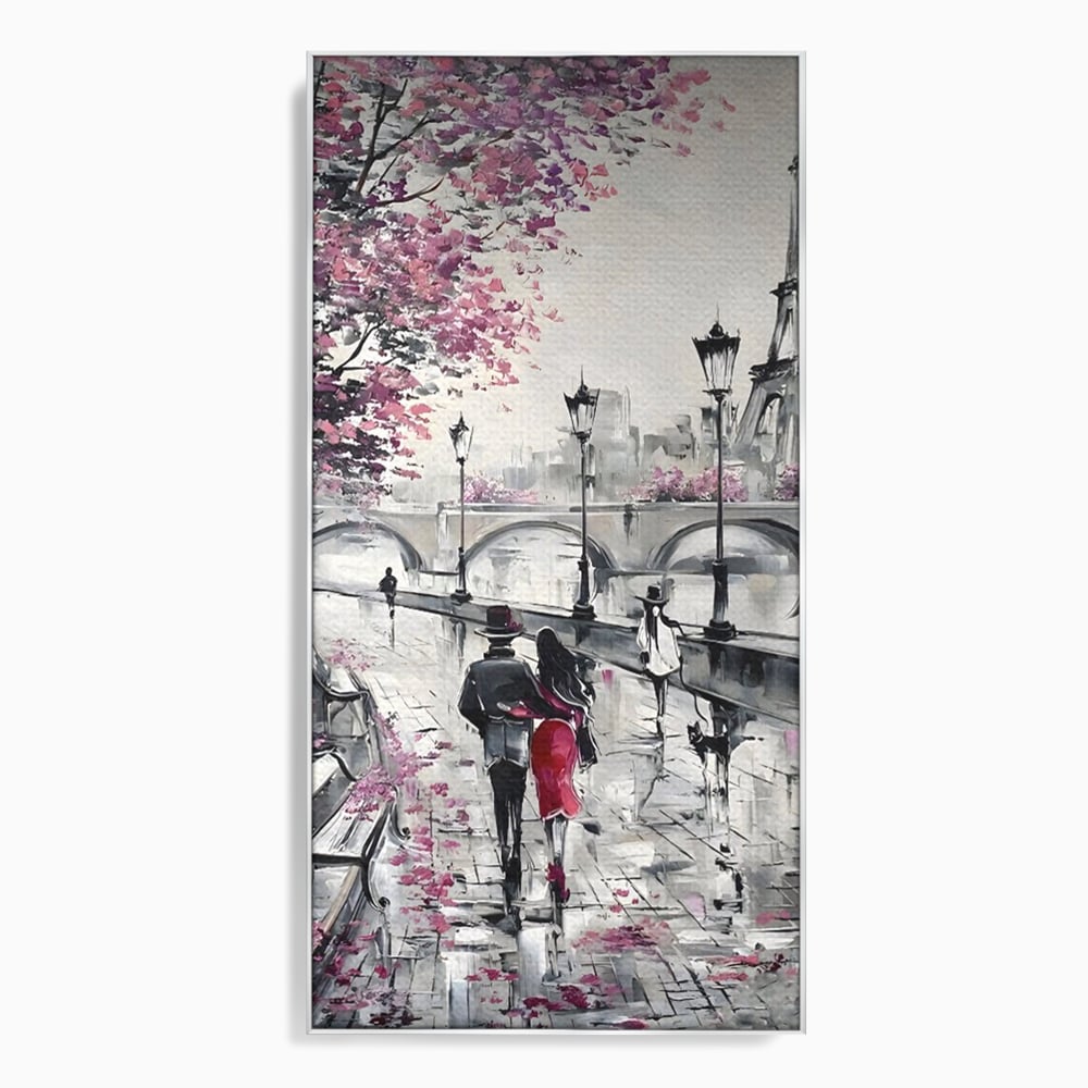 Tablou canvas cu pictura cu cuplu in paris, in rama de aluminiu argintiu