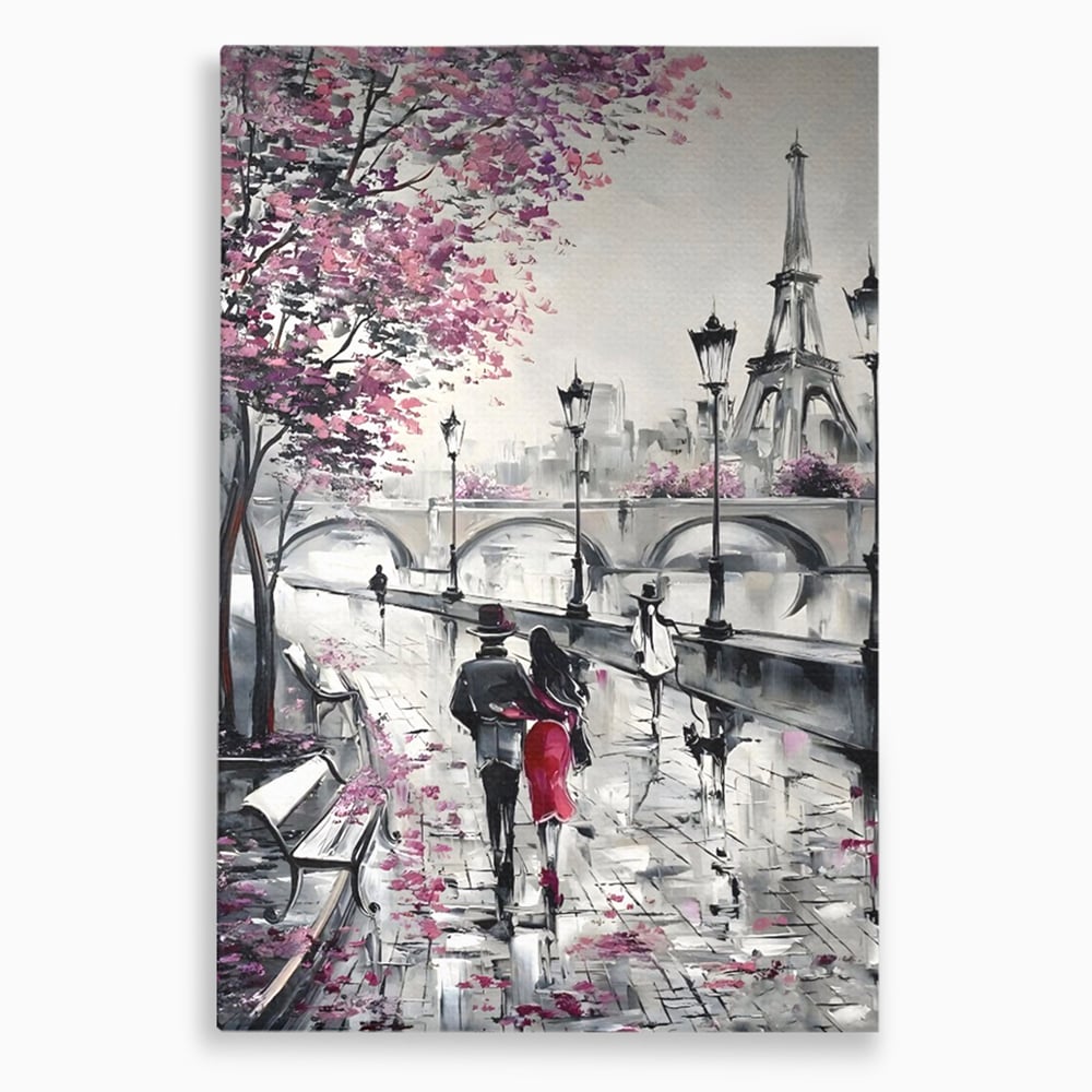 Tablou canvas cu pictura cu cuplu in paris, fara rama, pe sasiu de lemn
