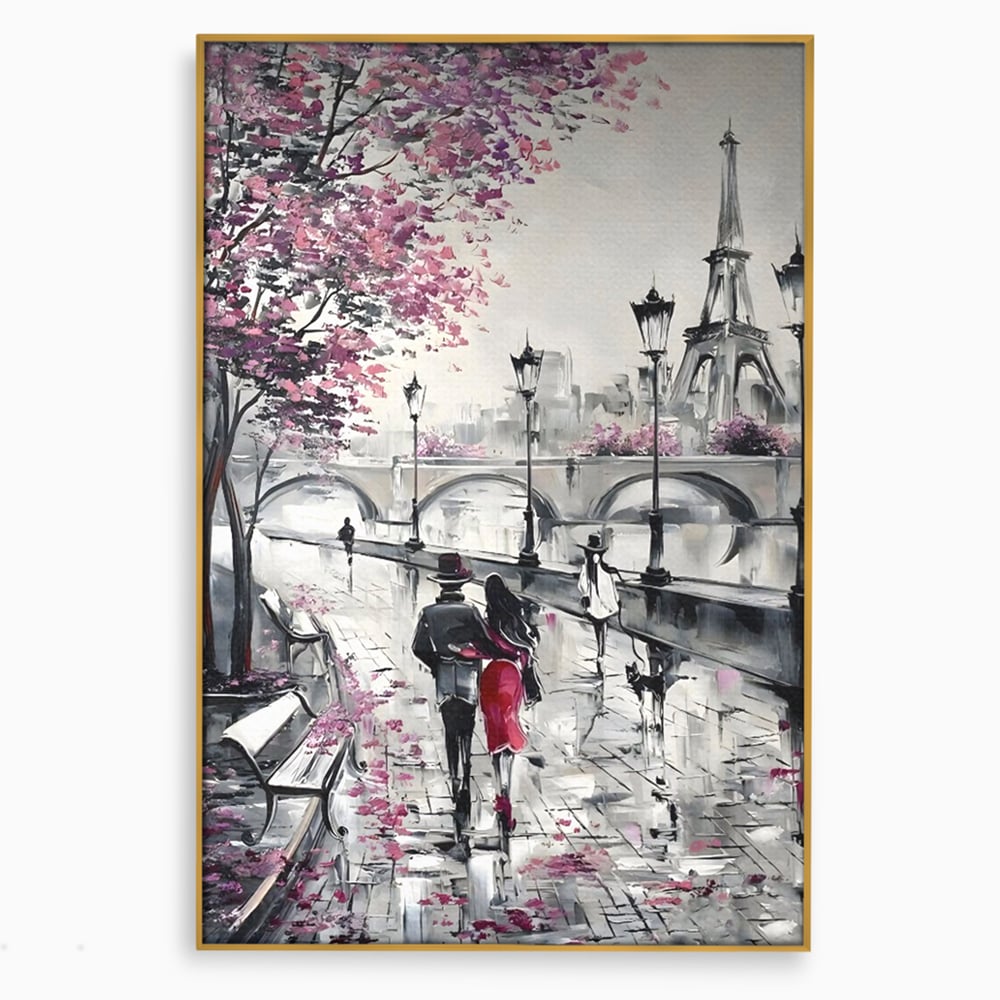 Tablou canvas cu pictura cu cuplu in paris, in rama de aluminiu auriu