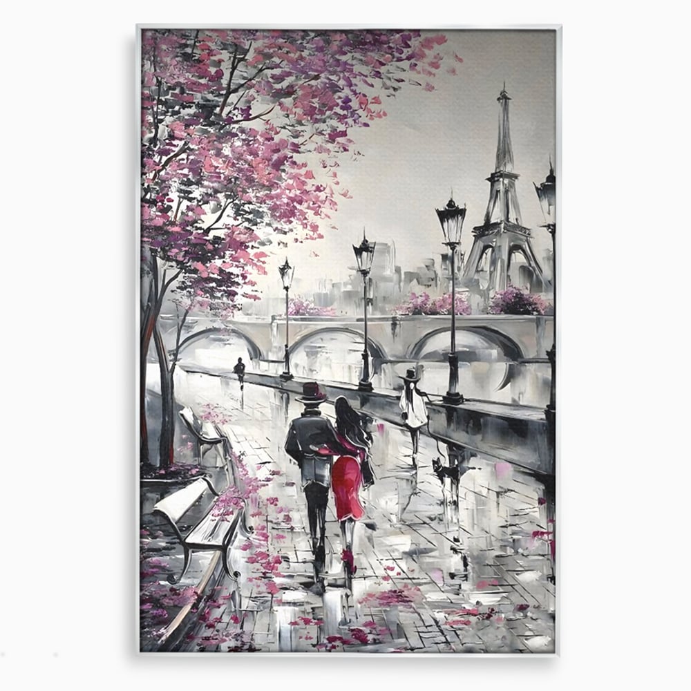 Tablou canvas cu pictura cu cuplu in paris, in rama de aluminiu argintiu