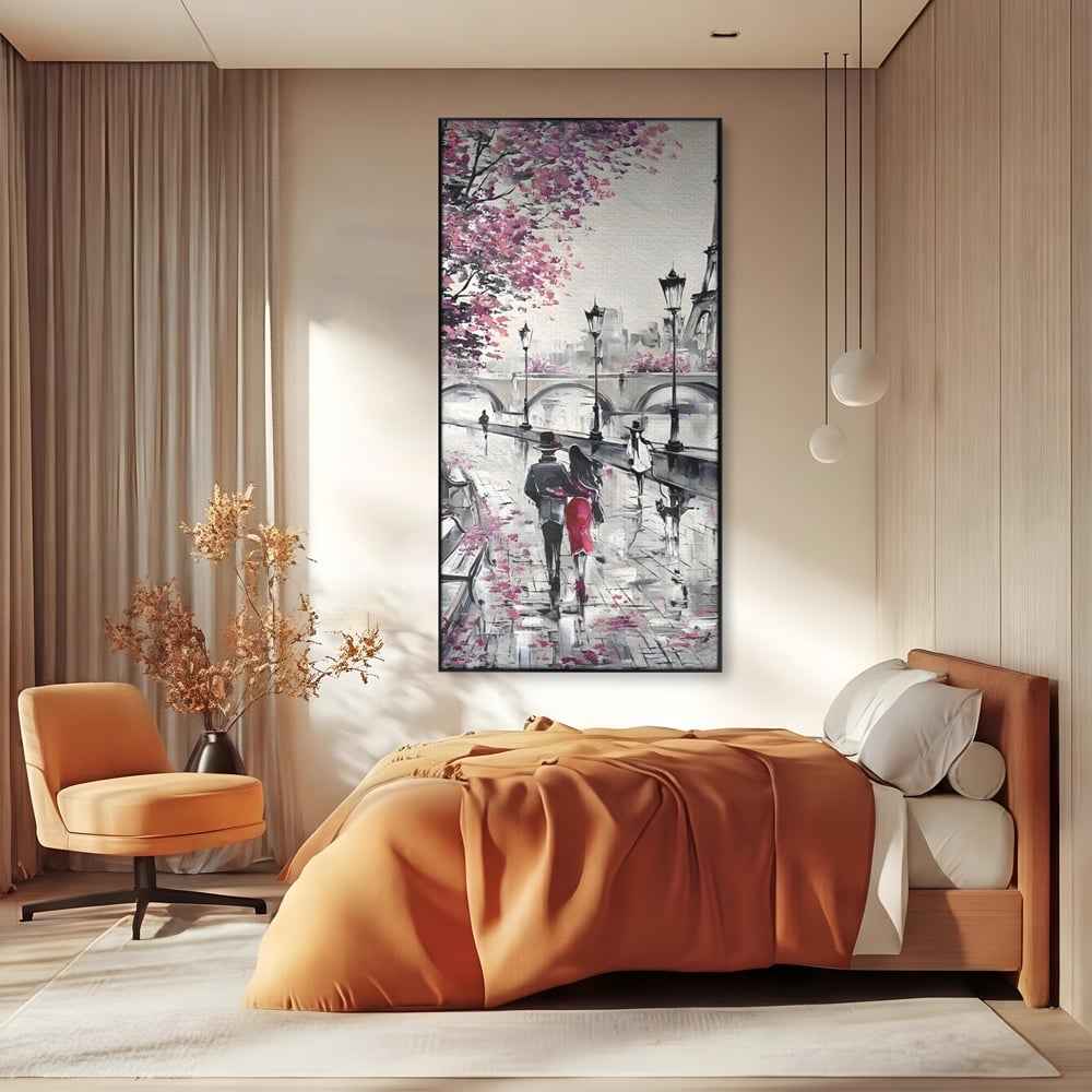 Tablou canvas cu pictura cu cuplu in paris, in rama de aluminiu negru, pe perete intr-un dormitor