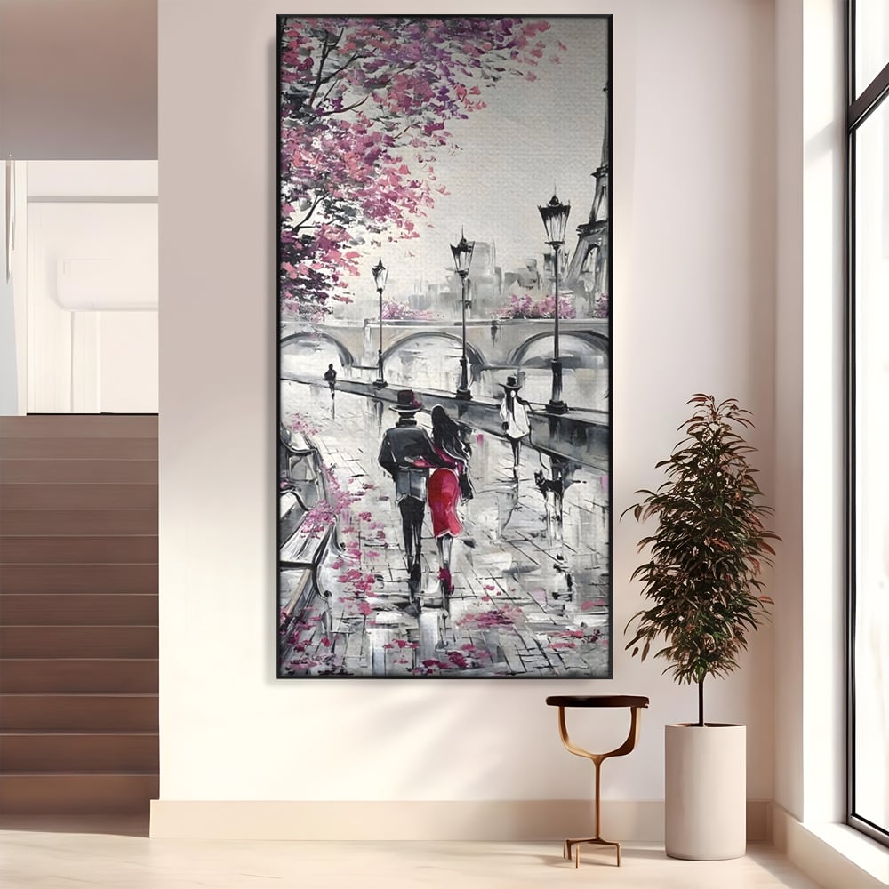 Tablou canvas cu pictura cu cuplu in paris, in rama de aluminiu negru
