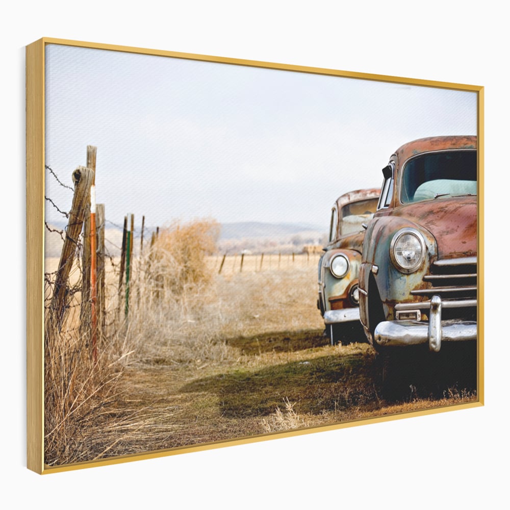 Tablou canvas cu doua masini ruginite pe un camp uscat, in rama de aluminiu auriu