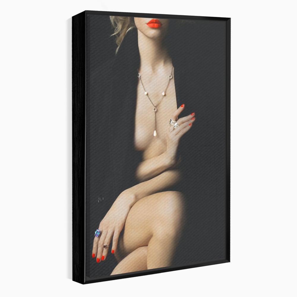 Tablou canvas cu tablou canvas cu portret artistic de femeie, in rama de aluminiu negru