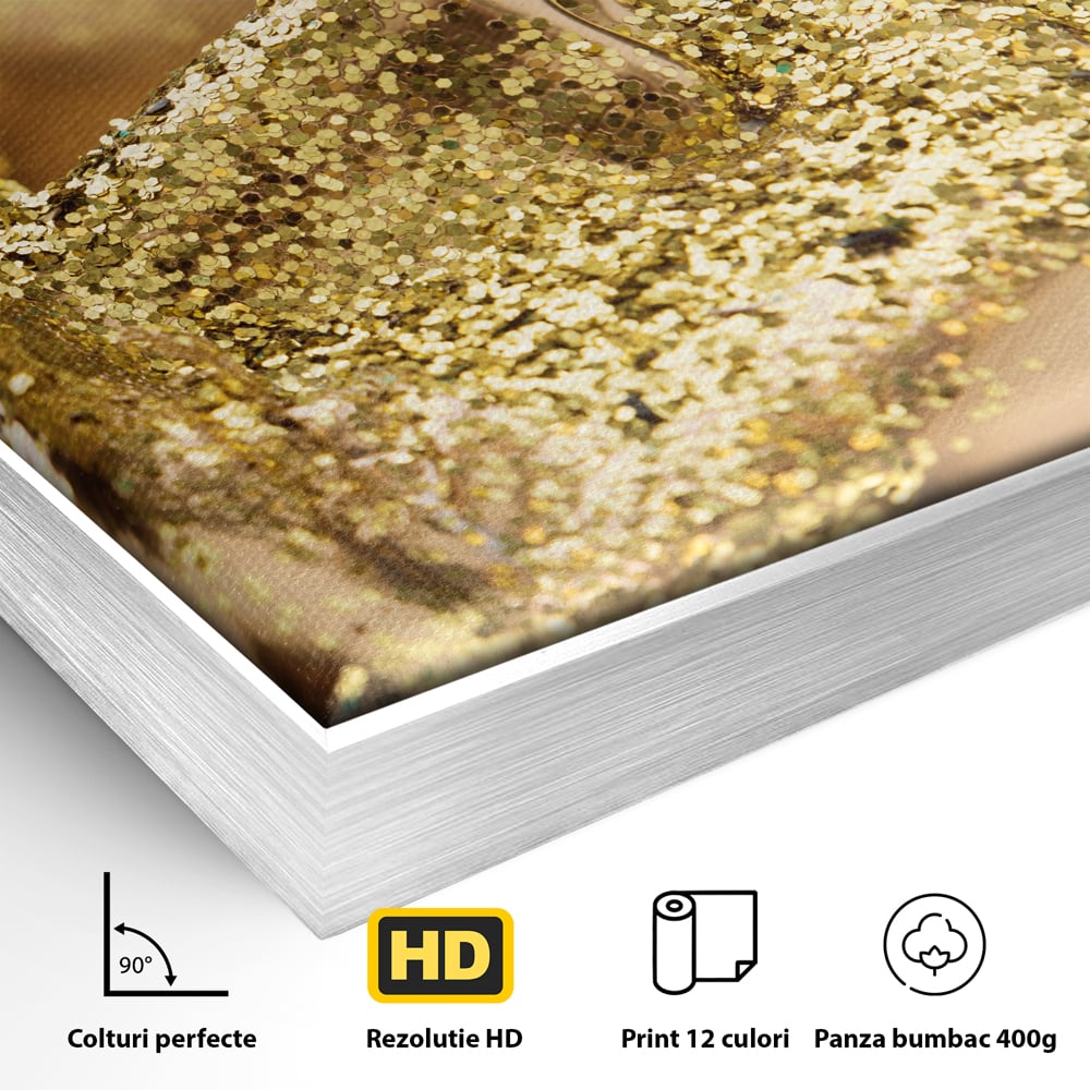 Detaliu al suprafetei: tablou canvas cu chip acoperit de sclipici auriu, in rama de aluminiu argintiu