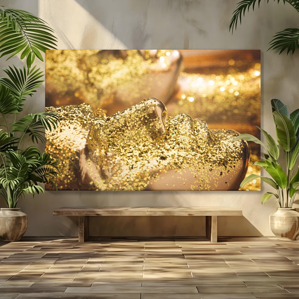 Tablou canvas cu tablou canvas cu chip acoperit de sclipici auriu, fara rama, pe sasiu de lemn