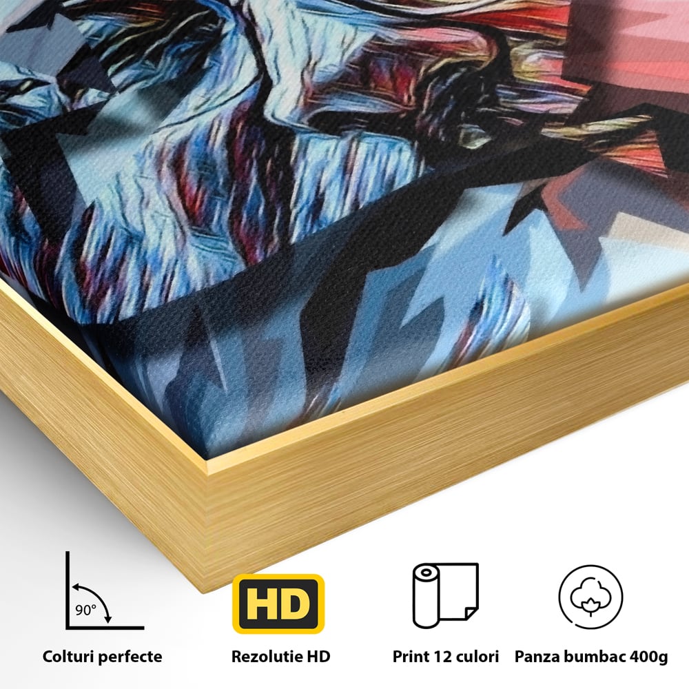 Detaliu al suprafetei: tablou canvas cu chip abstract, in rama de aluminiu auriu