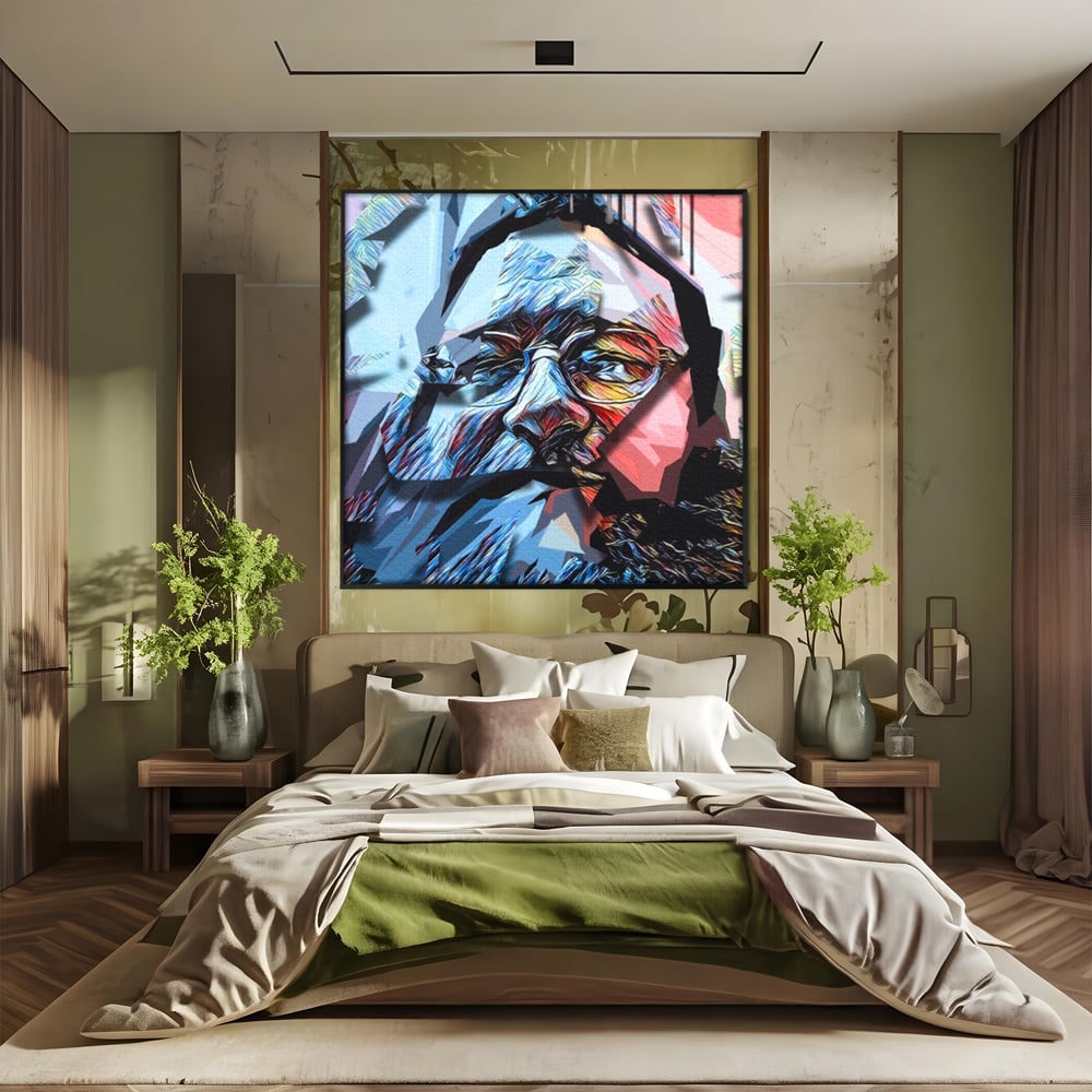 Tablou canvas cu tablou canvas cu chip abstract, in rama de aluminiu negru, pe perete intr-un dormitor