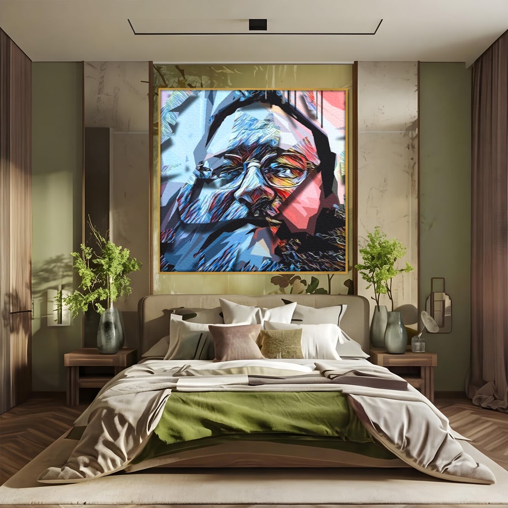 Tablou canvas cu tablou canvas cu chip abstract, in rama de aluminiu auriu, pe perete intr-un dormitor