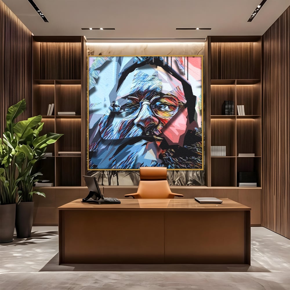 Tablou canvas cu tablou canvas cu chip abstract, in rama de aluminiu auriu, pe perete intr-un birou