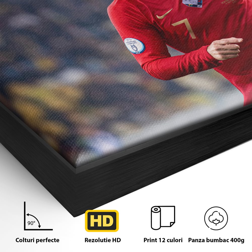 Detaliu al suprafetei: tablou canvas cu cristiano ronaldo, in rama de aluminiu negru