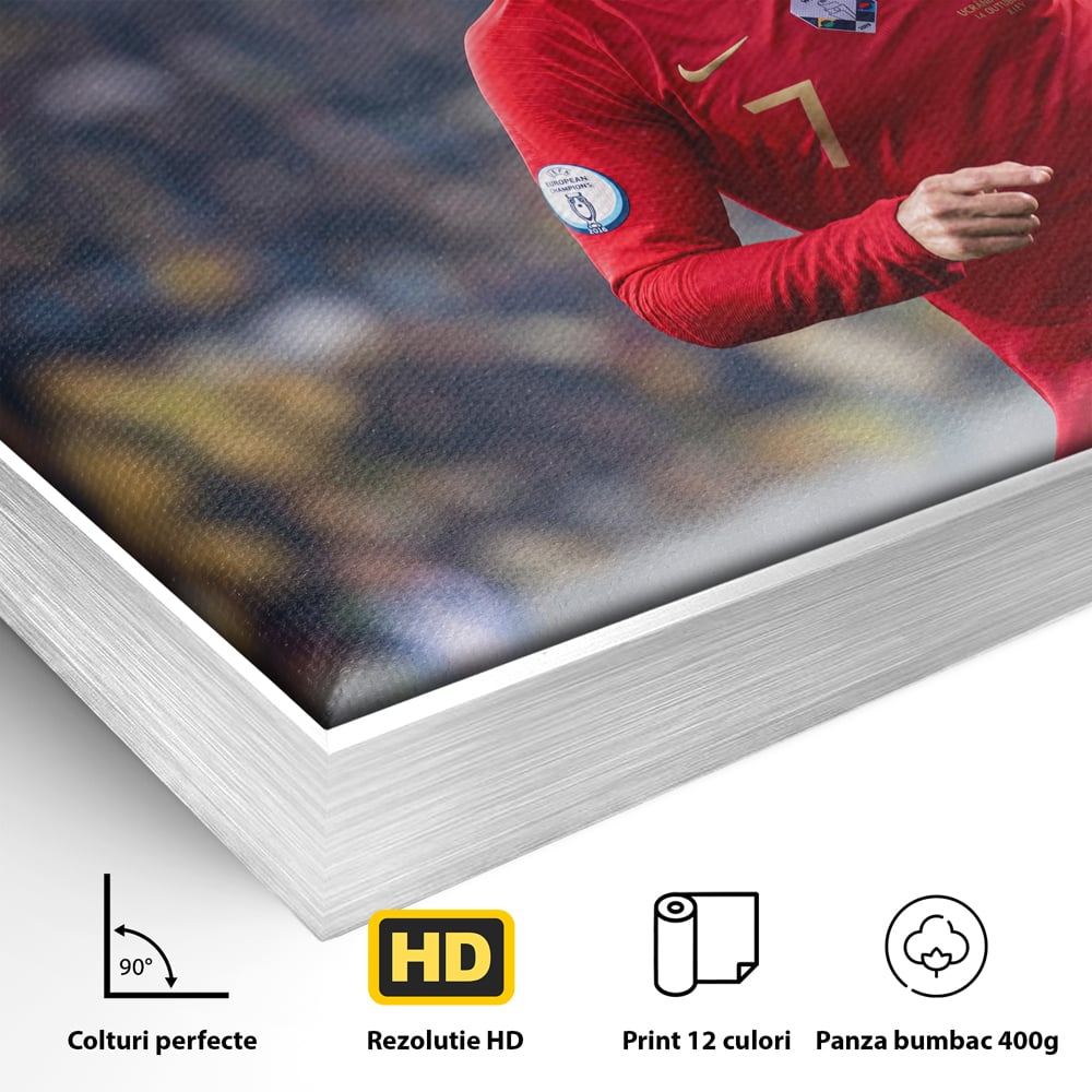 Detaliu al suprafetei: tablou canvas cu cristiano ronaldo, in rama de aluminiu argintiu