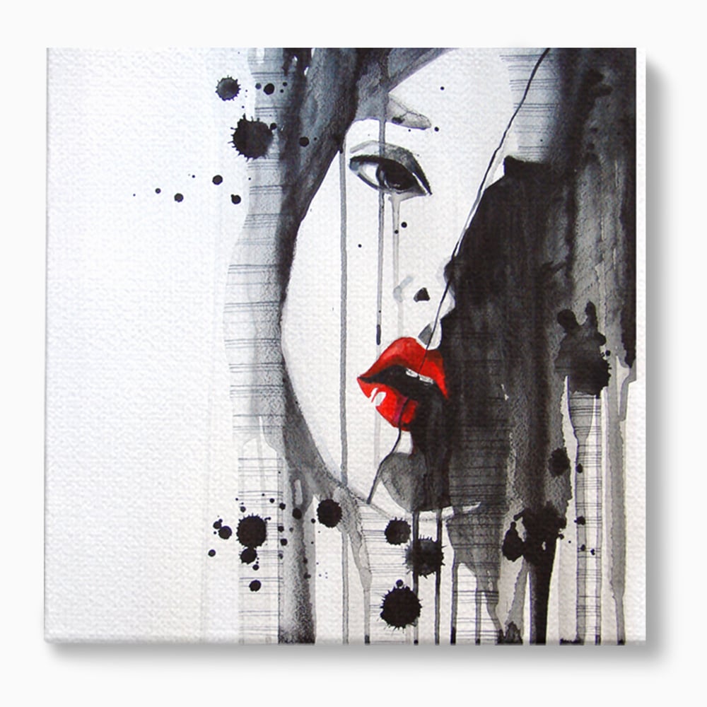 Tablou canvas cu tablou canvas cu chip de femeie si buze rosii, fara rama, pe sasiu de lemn