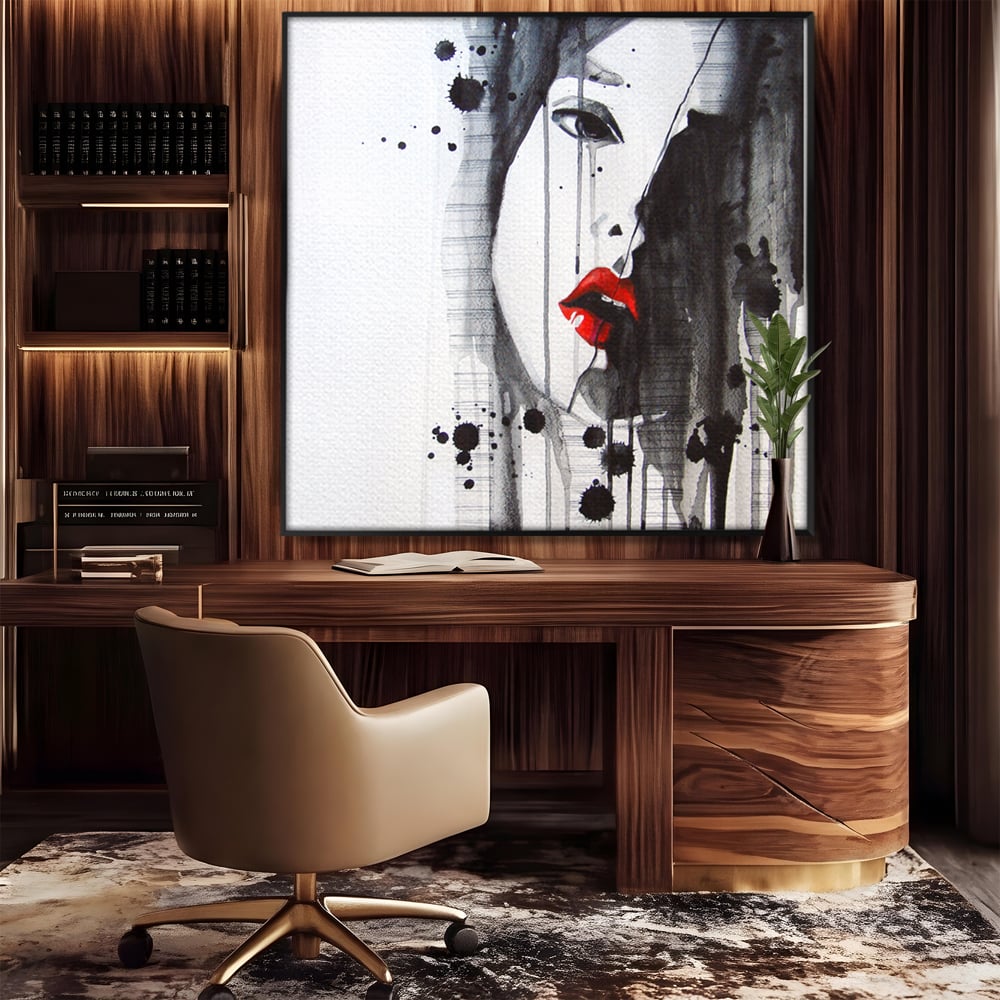 Tablou canvas cu tablou canvas cu chip de femeie si buze rosii, in rama de aluminiu negru, pe perete intr-un birou