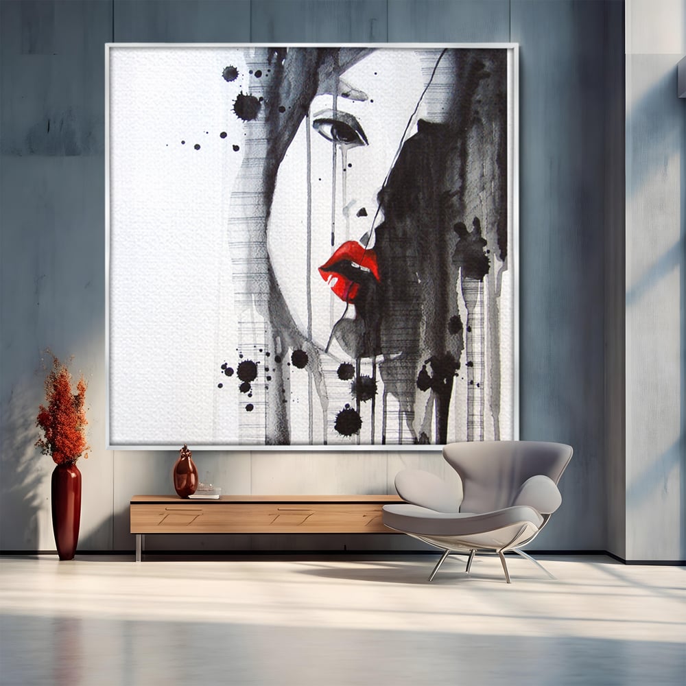 Tablou canvas cu tablou canvas cu chip de femeie si buze rosii, in rama de aluminiu argintiu
