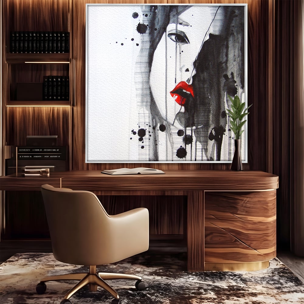 Tablou canvas cu tablou canvas cu chip de femeie si buze rosii, in rama de aluminiu argintiu, pe perete intr-un birou