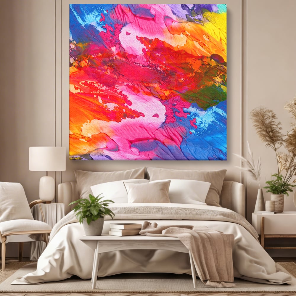 Tablou canvas cu pictura abstracta cu pete de culoare, fara rama, pe sasiu de lemn, pe perete intr-un dormitor