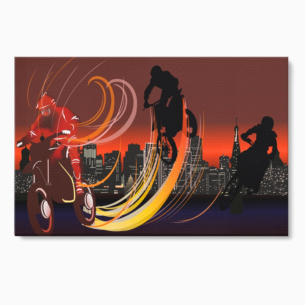 Tablou canvas cu ilustratie cu motociclisti si oras, fara rama, pe sasiu de lemn