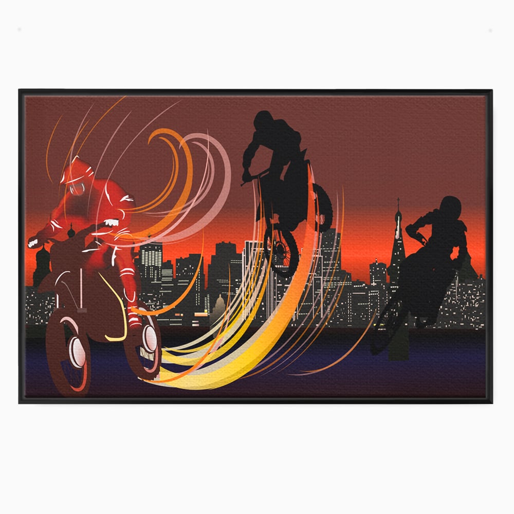 Tablou canvas cu ilustratie cu motociclisti si oras, in rama de aluminiu negru