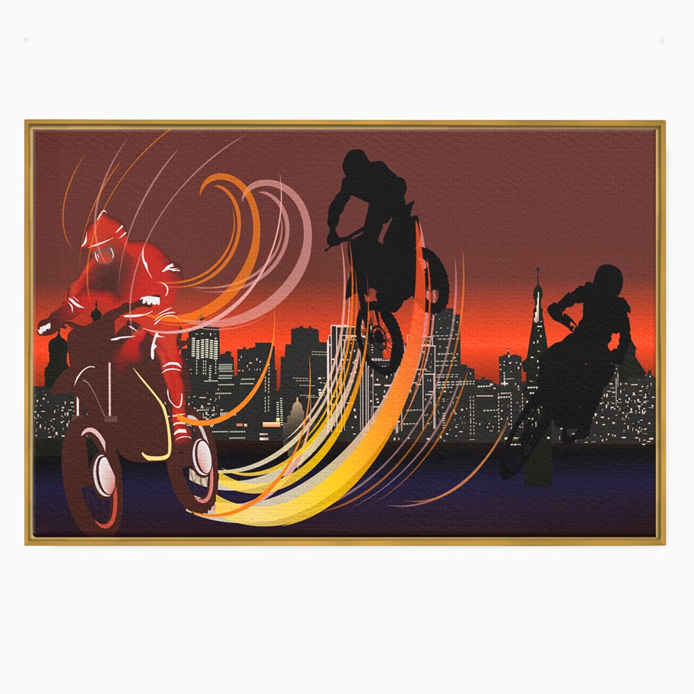 Tablou canvas cu ilustratie cu motociclisti si oras, in rama de aluminiu auriu