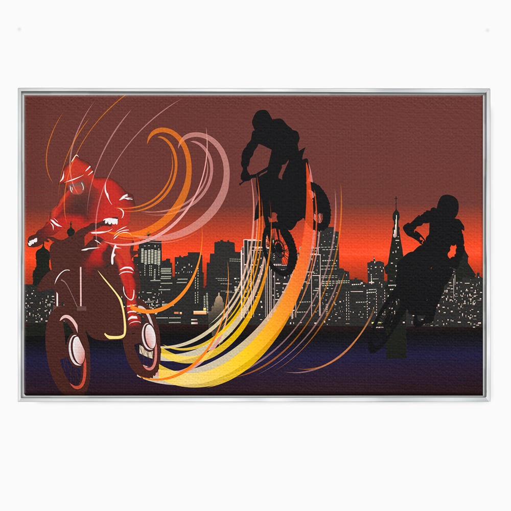 Tablou canvas cu ilustratie cu motociclisti si oras, in rama de aluminiu argintiu