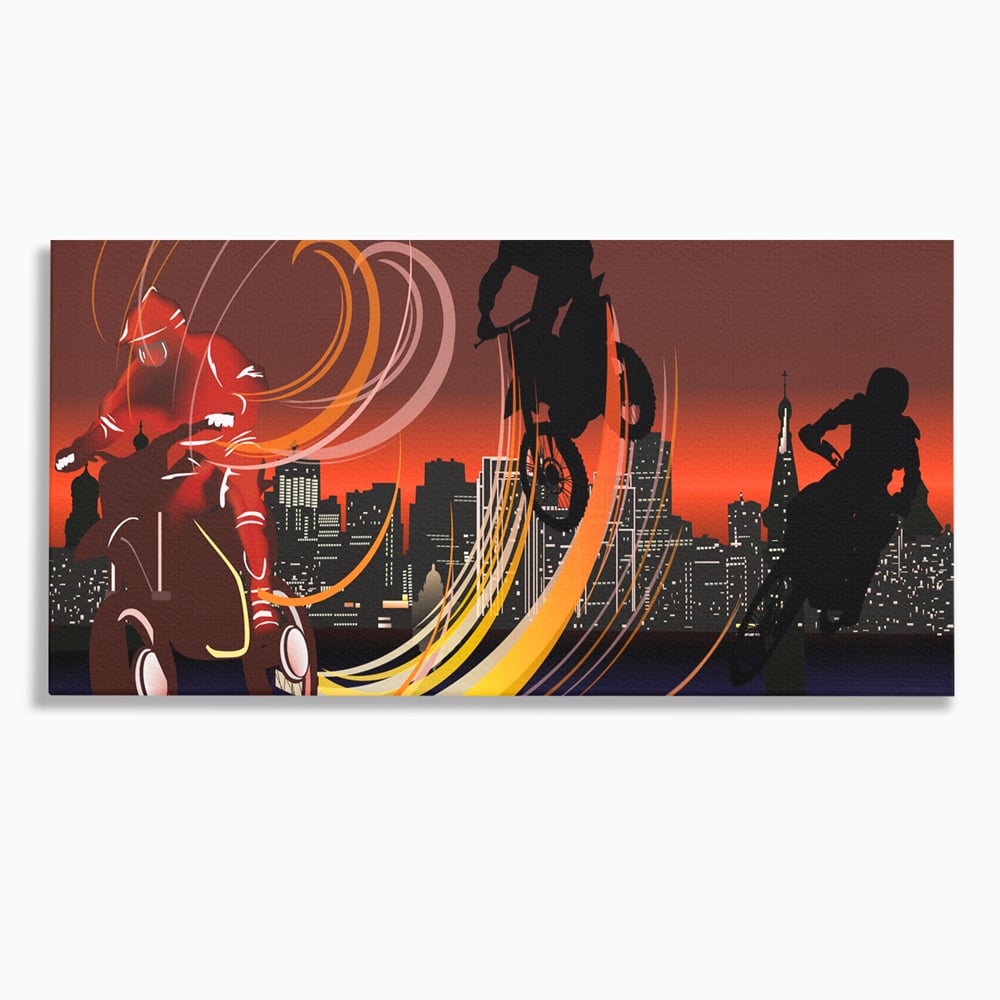 Tablou canvas cu ilustratie cu motociclisti si oras, fara rama, pe sasiu de lemn