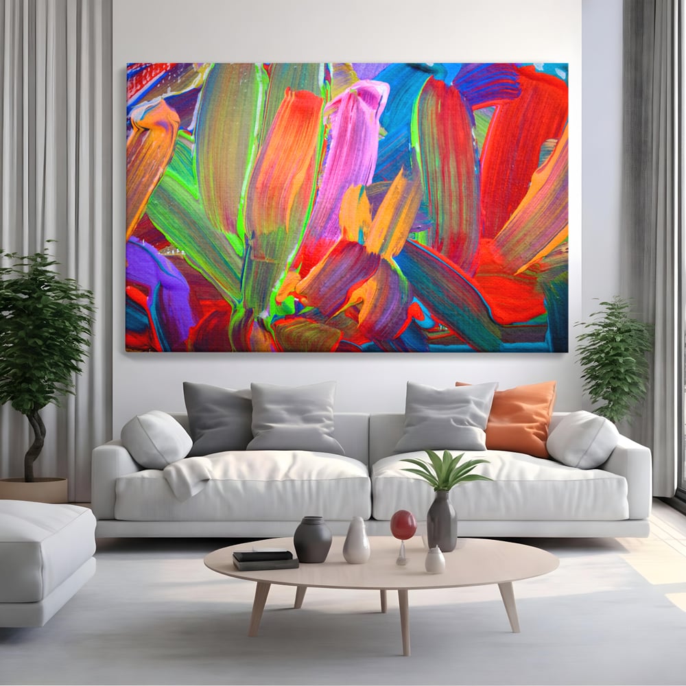 Tablou canvas cu pictura abstracta cu pensule grosiere, fara rama, pe sasiu de lemn, pe perete intr-un living