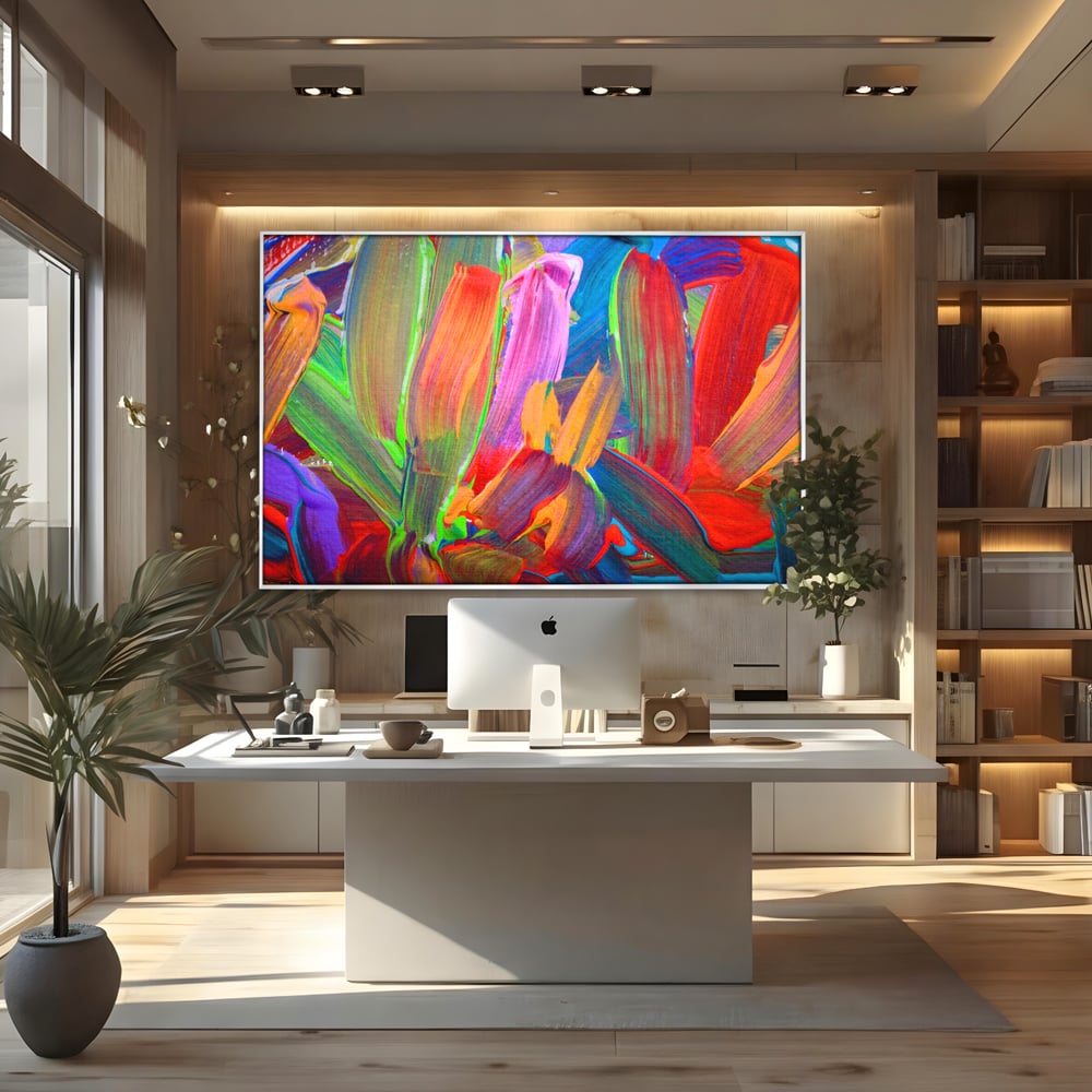 Tablou canvas cu pictura abstracta cu pensule grosiere, in rama de aluminiu argintiu, pe perete intr-un birou