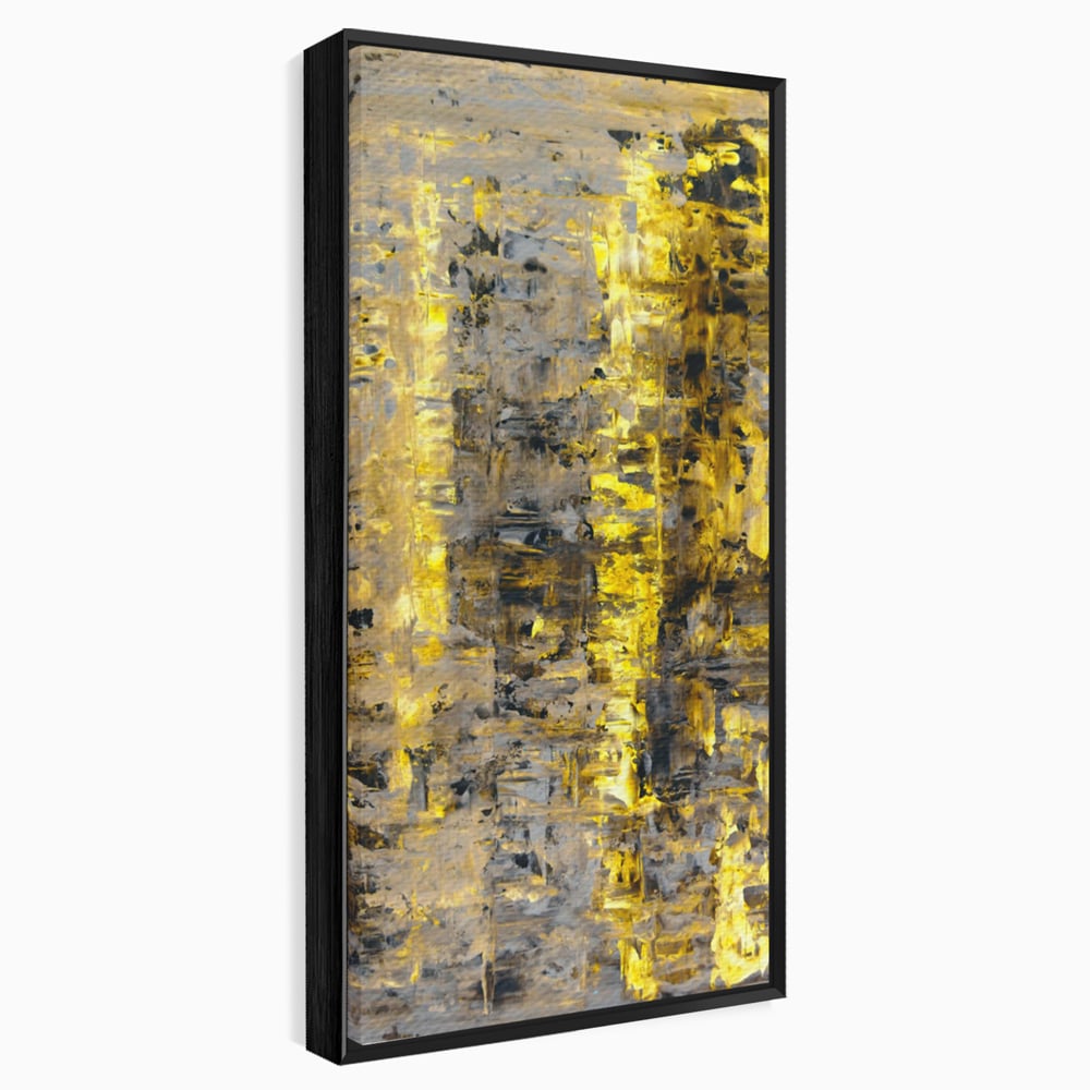 Tablou canvas cu pictura abstracta cu dungi aurii, in rama de aluminiu negru