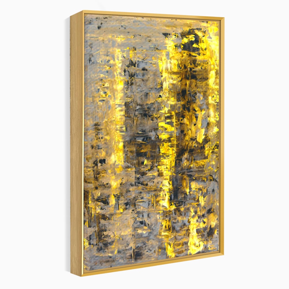 Tablou canvas cu pictura abstracta cu dungi aurii, in rama de aluminiu auriu