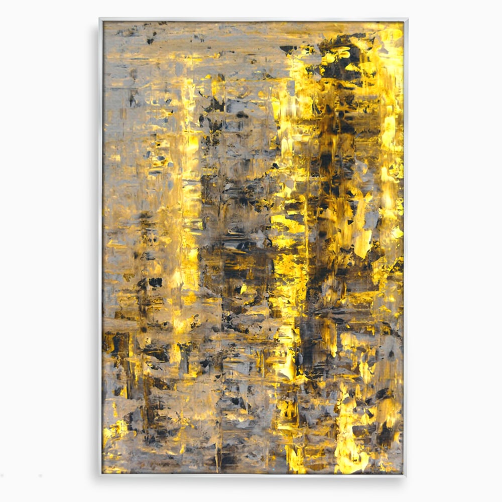 Tablou canvas cu pictura abstracta cu dungi aurii, in rama de aluminiu argintiu