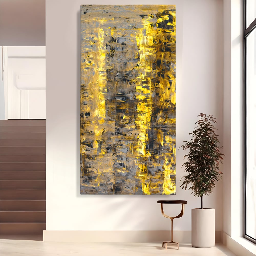 Tablou canvas cu pictura abstracta cu dungi aurii, fara rama, pe sasiu de lemn