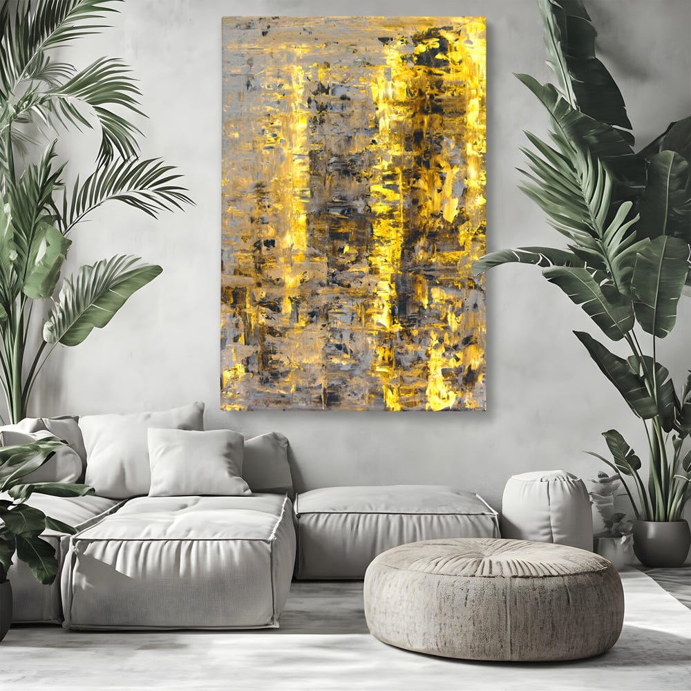 Tablou canvas cu pictura abstracta cu dungi aurii, fara rama, pe sasiu de lemn, pe perete intr-un living