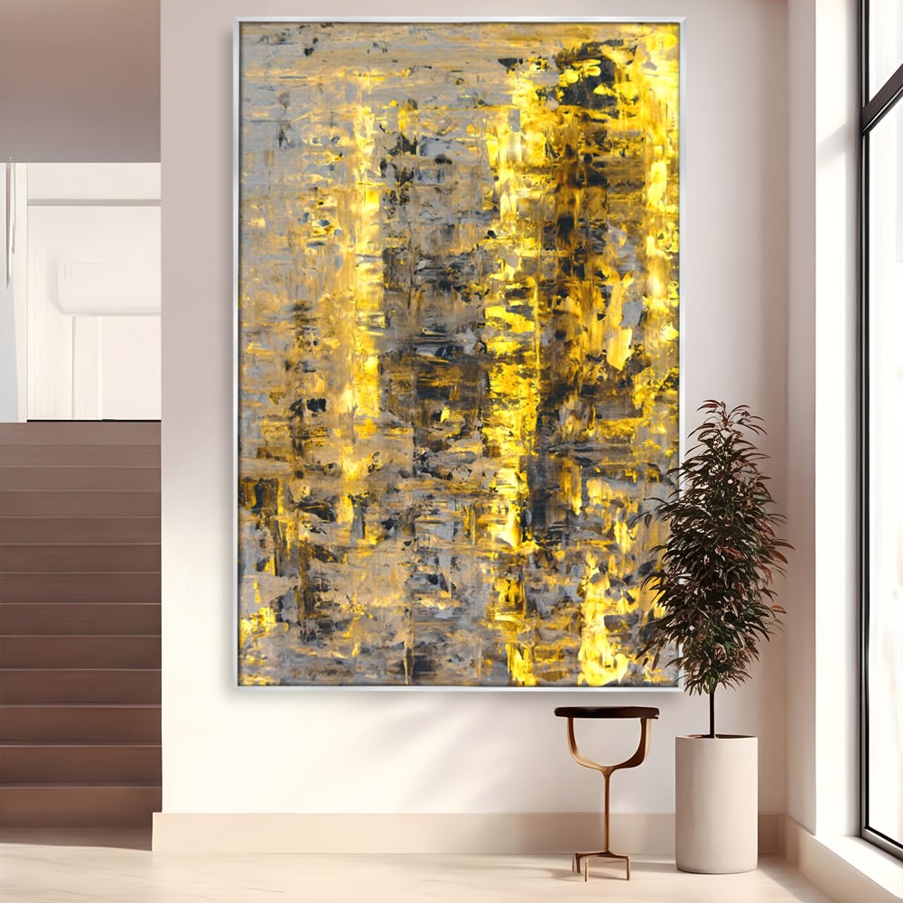 Tablou canvas cu pictura abstracta cu dungi aurii, in rama de aluminiu argintiu
