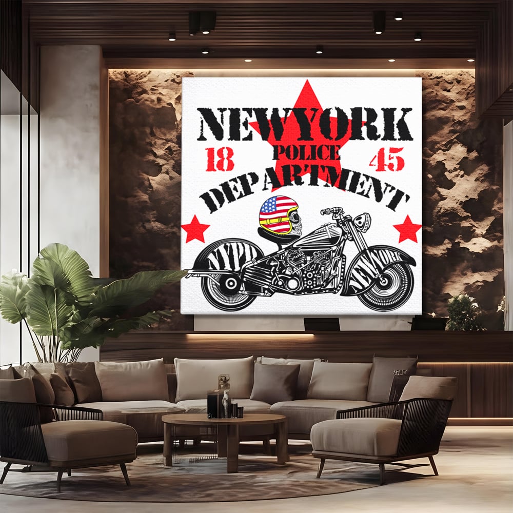 Tablou canvas cu tablou canvas cu motocicleta si craniu, fara rama, pe sasiu de lemn, pe perete intr-un birou