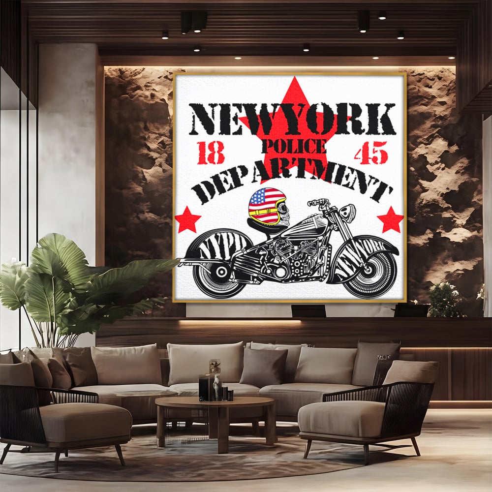 Tablou canvas cu tablou canvas cu motocicleta si craniu, in rama de aluminiu auriu, pe perete intr-un birou