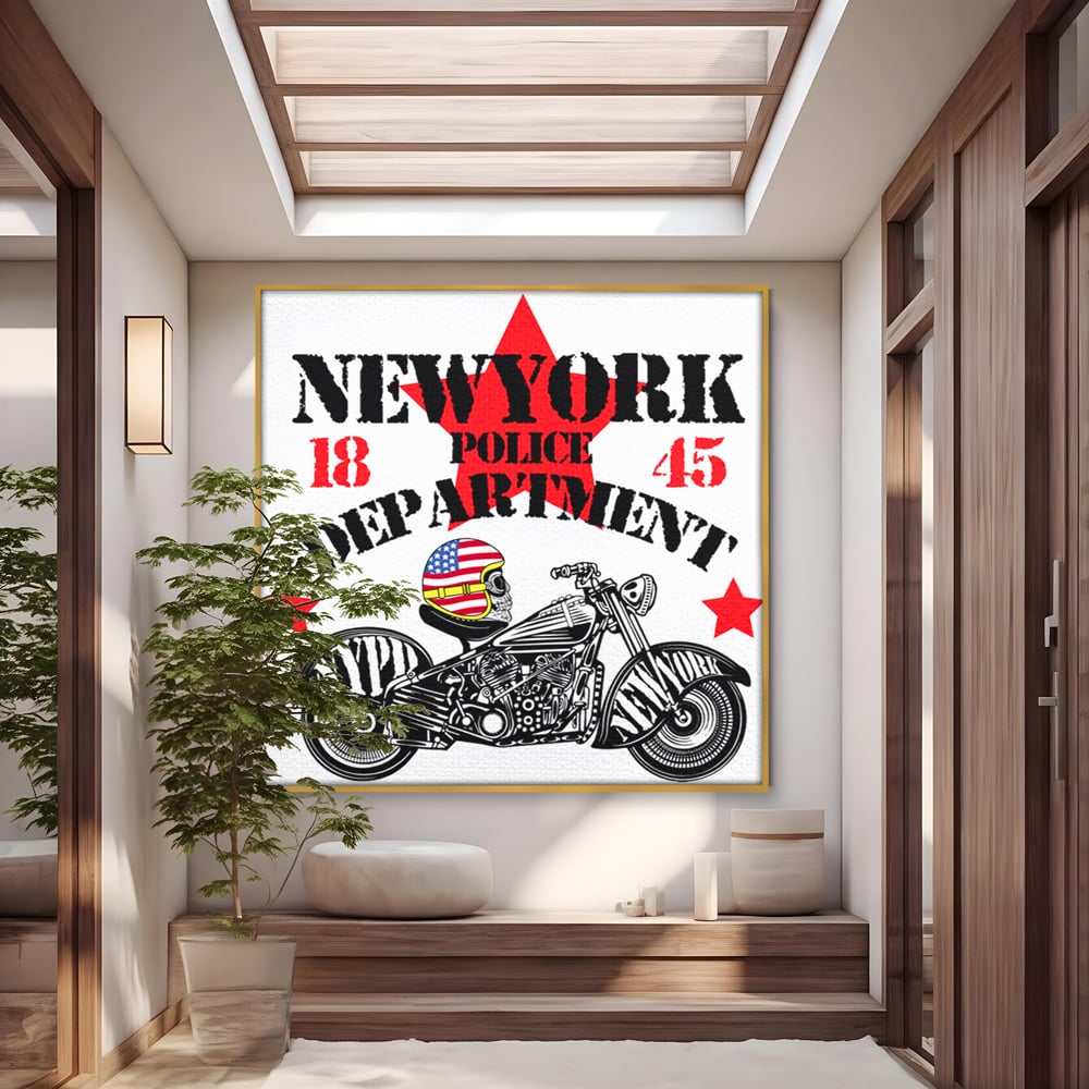 Tablou canvas cu tablou canvas cu motocicleta si craniu, in rama de aluminiu auriu