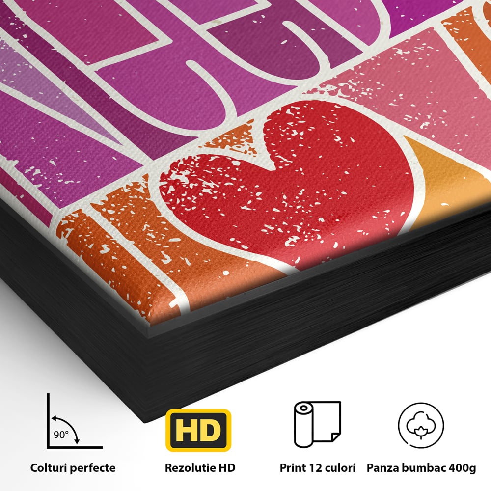 Detaliu al suprafetei: tablou canvas motivational cu text colorat, in rama de aluminiu negru