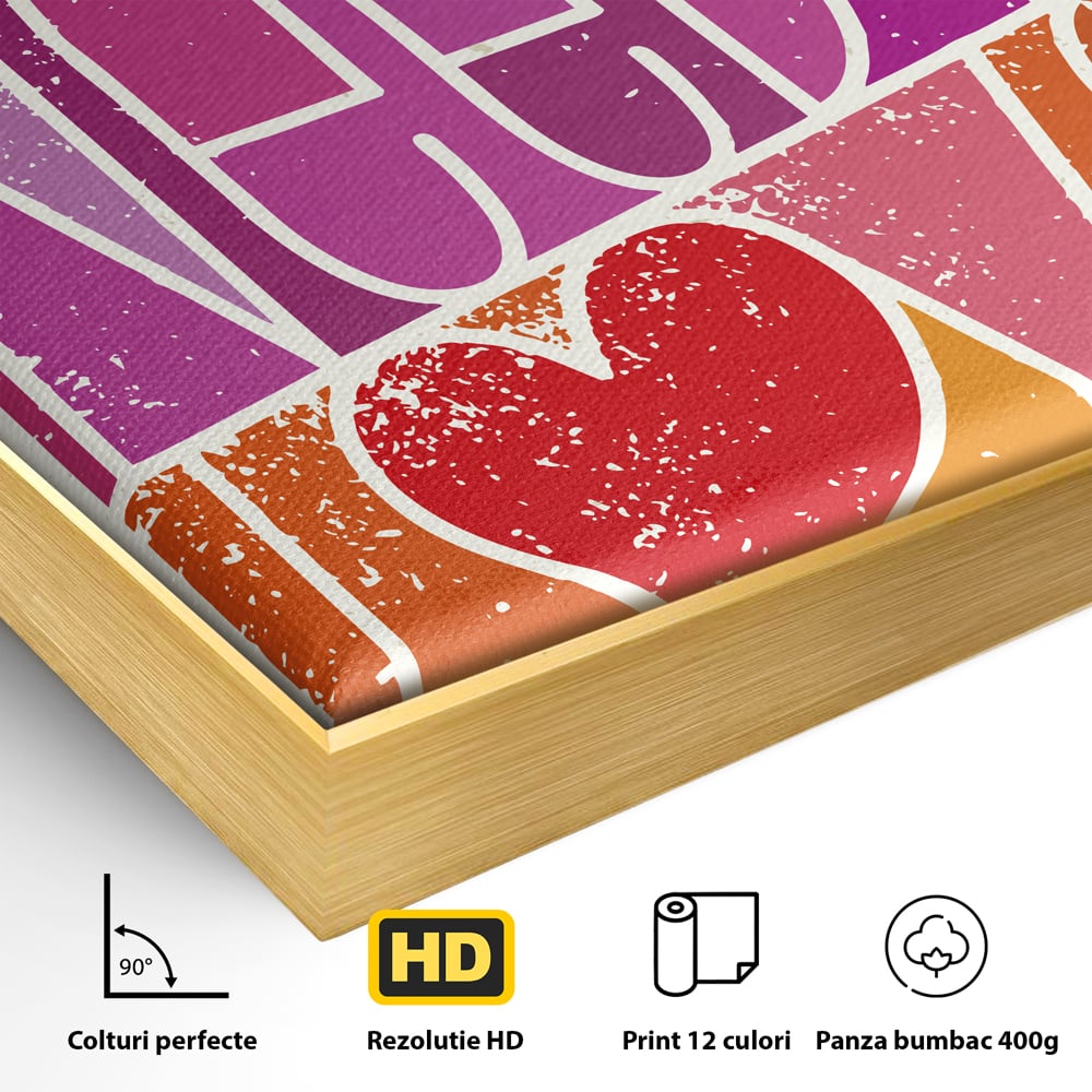 Detaliu al suprafetei: tablou canvas motivational cu text colorat, in rama de aluminiu auriu