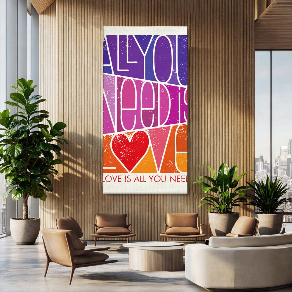 Tablou canvas cu tablou canvas motivational cu text colorat, fara rama, pe sasiu de lemn, pe perete intr-un birou