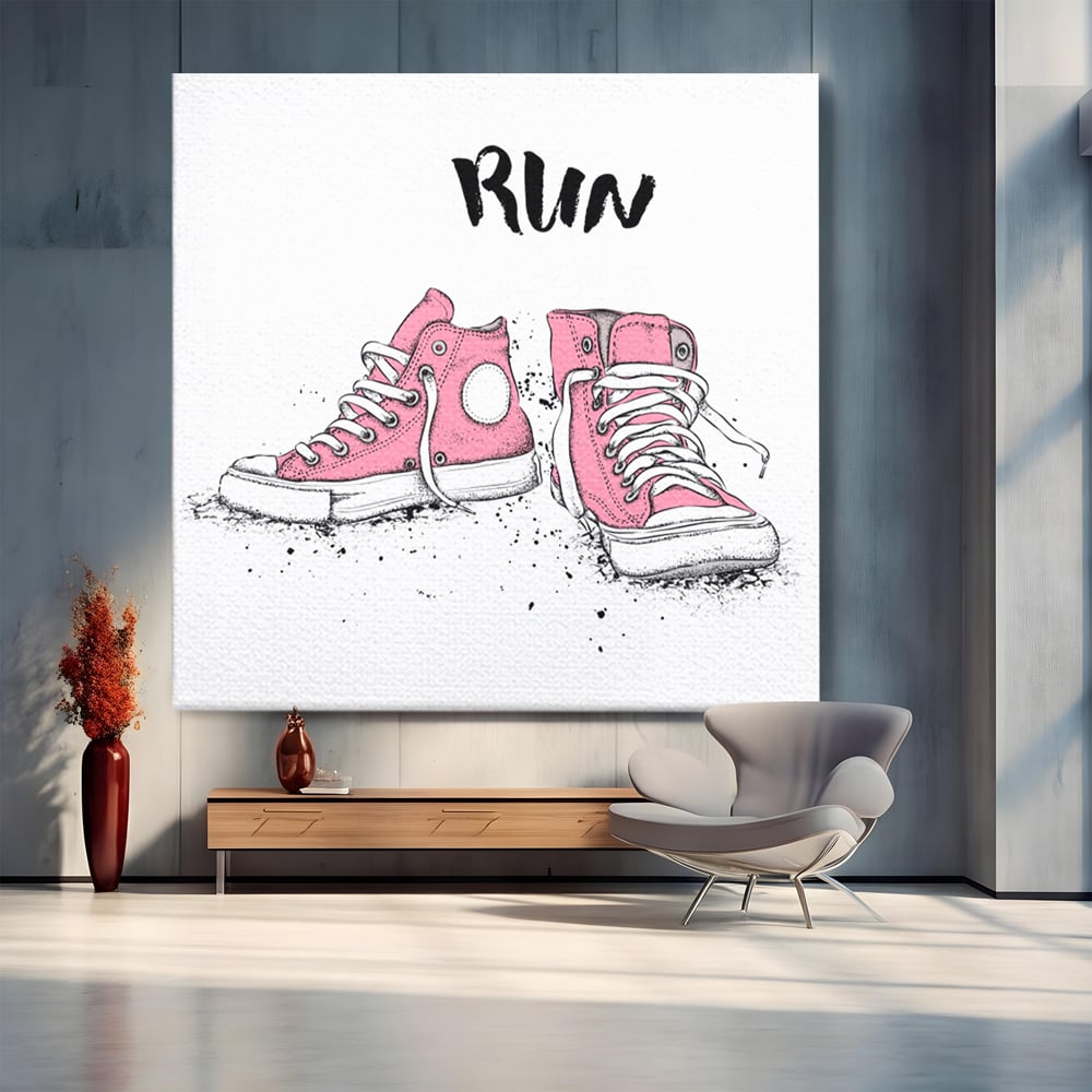 Tablou canvas cu illustratie cu adidasi roz si mesaj, fara rama, pe sasiu de lemn